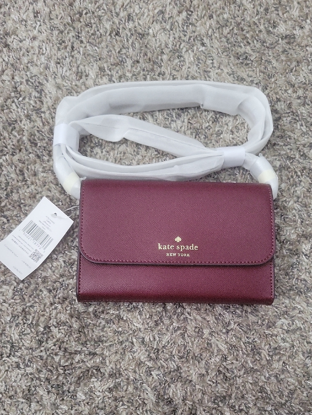 Kate Spade Burgundy Saffiano Crossbody Wallet with Gold Logo